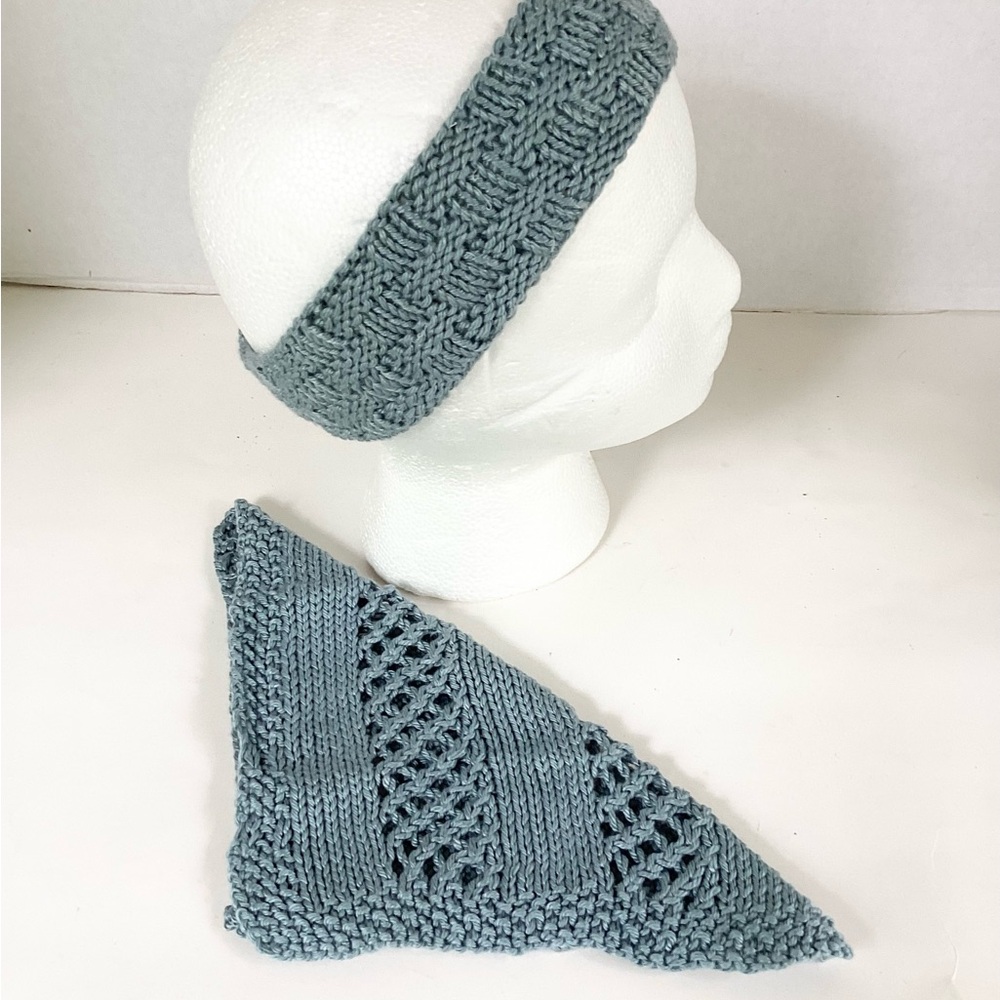 Skincare Washcloth Headband Spa Set Hand Crafted Steel Blue Cotton Knit - Picture 3 of 16